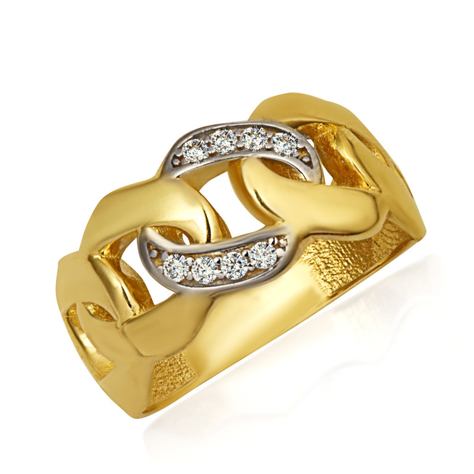 14K Two-Tone Gold Cubic Zirconia Cuban Chain Link Band Ring 4 mm