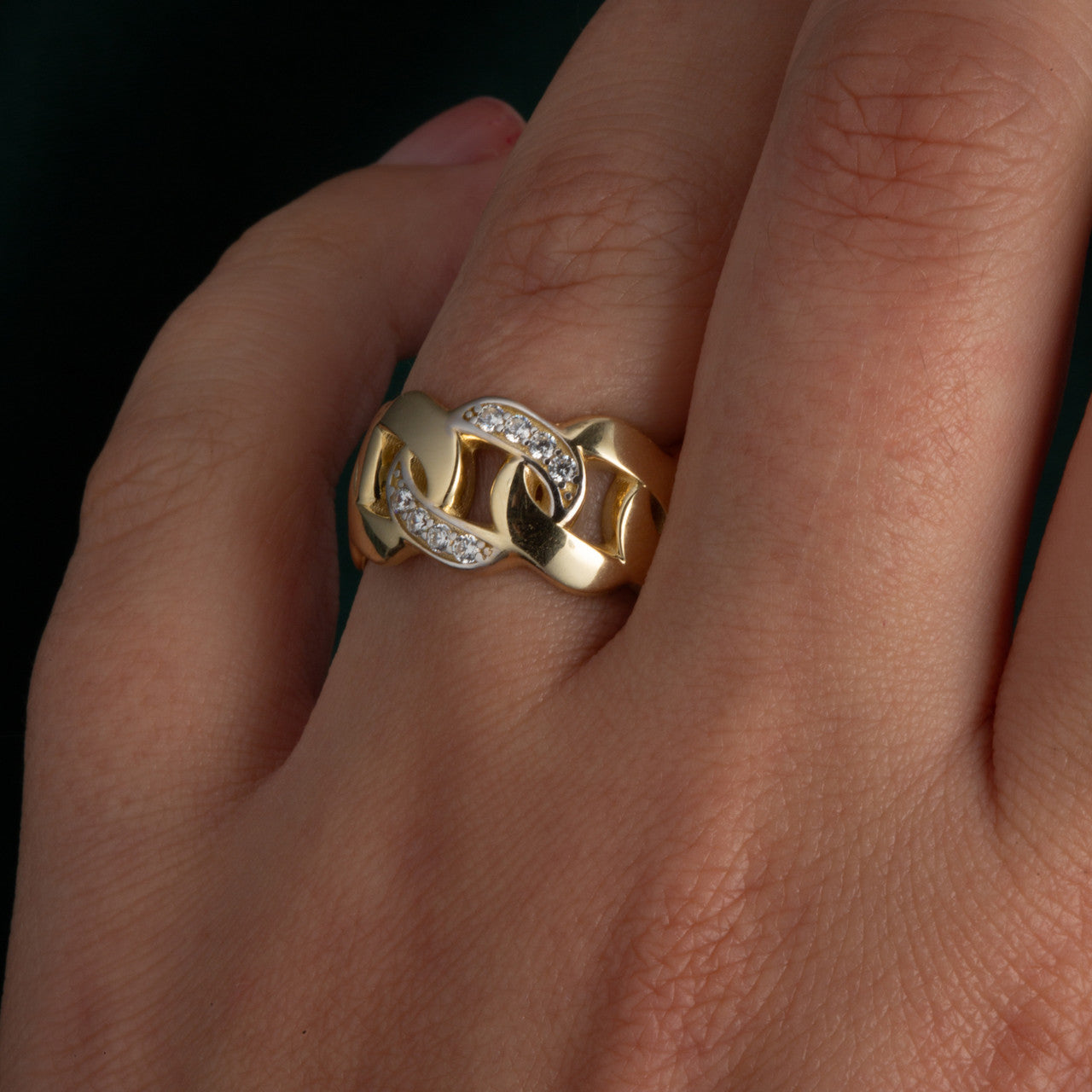 14K Two-Tone Gold Cubic Zirconia Cuban Chain Link Band Ring 4 mm, view 2
