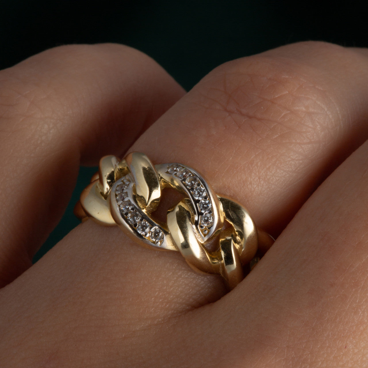 14K Two-Tone Gold Cubic Zirconia Cuban Chain Link Band Ring 9.5 mm, view 2