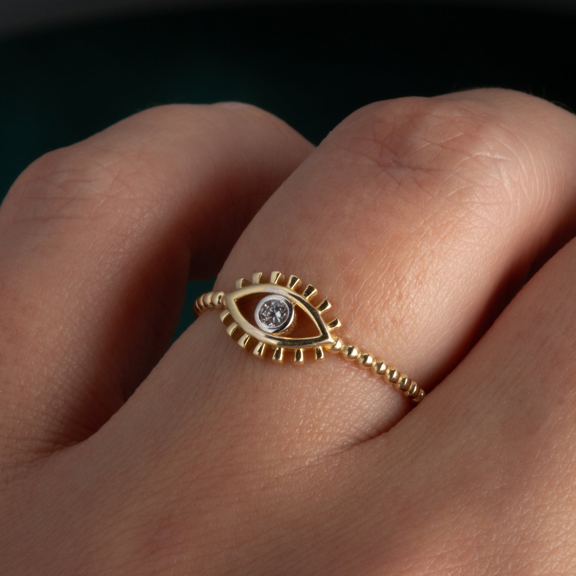 14K Two-Tone Gold Cubic Zirconia Evil Eye Bead Band Ring, view 2