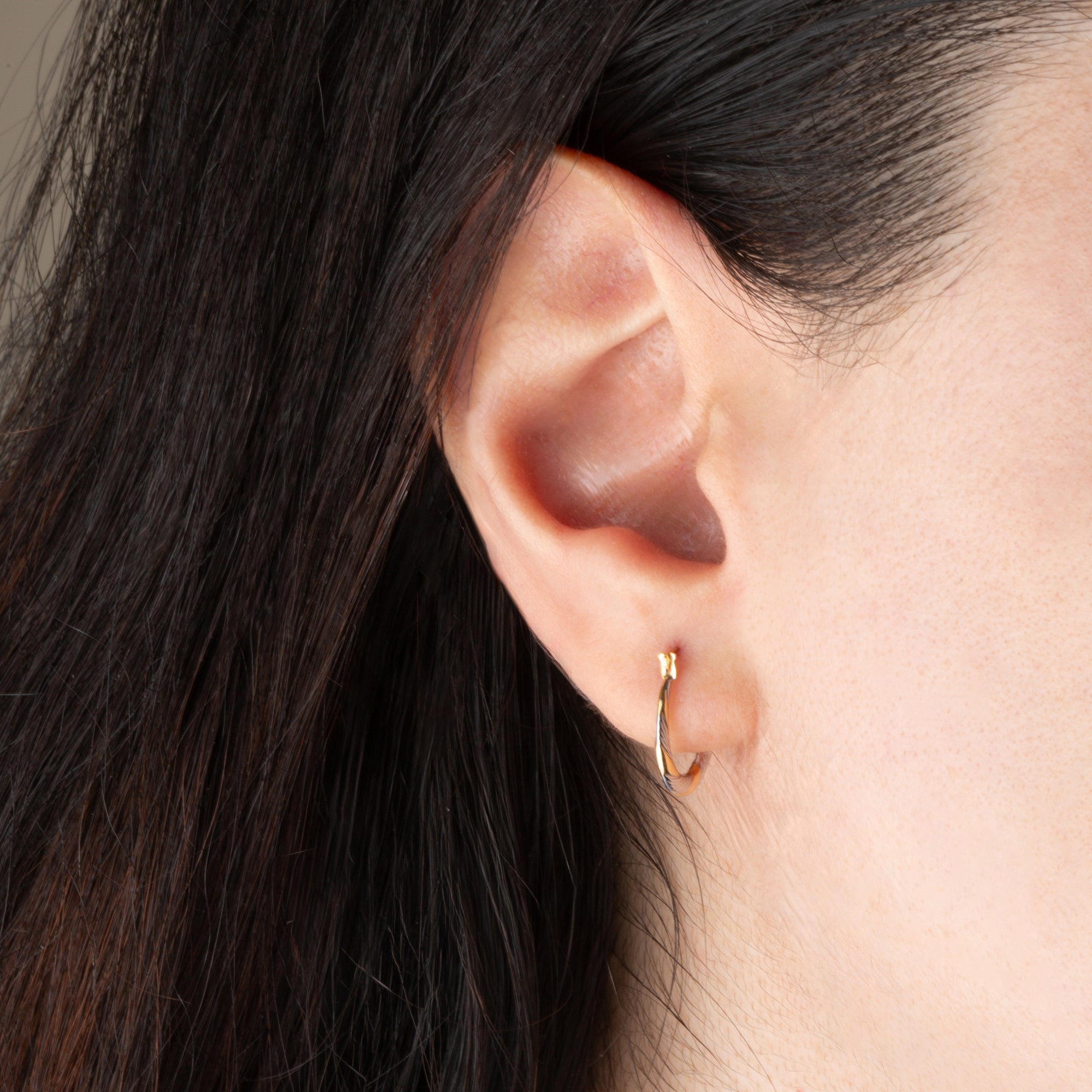 14K Two-Tone Gold Diamond Cut Huggie Hoop Earrings, view 2