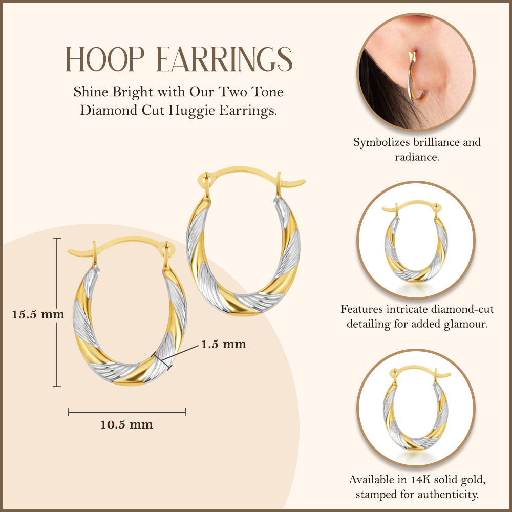 14K Two-Tone Gold Diamond Cut Huggie Hoop Earrings, view 3