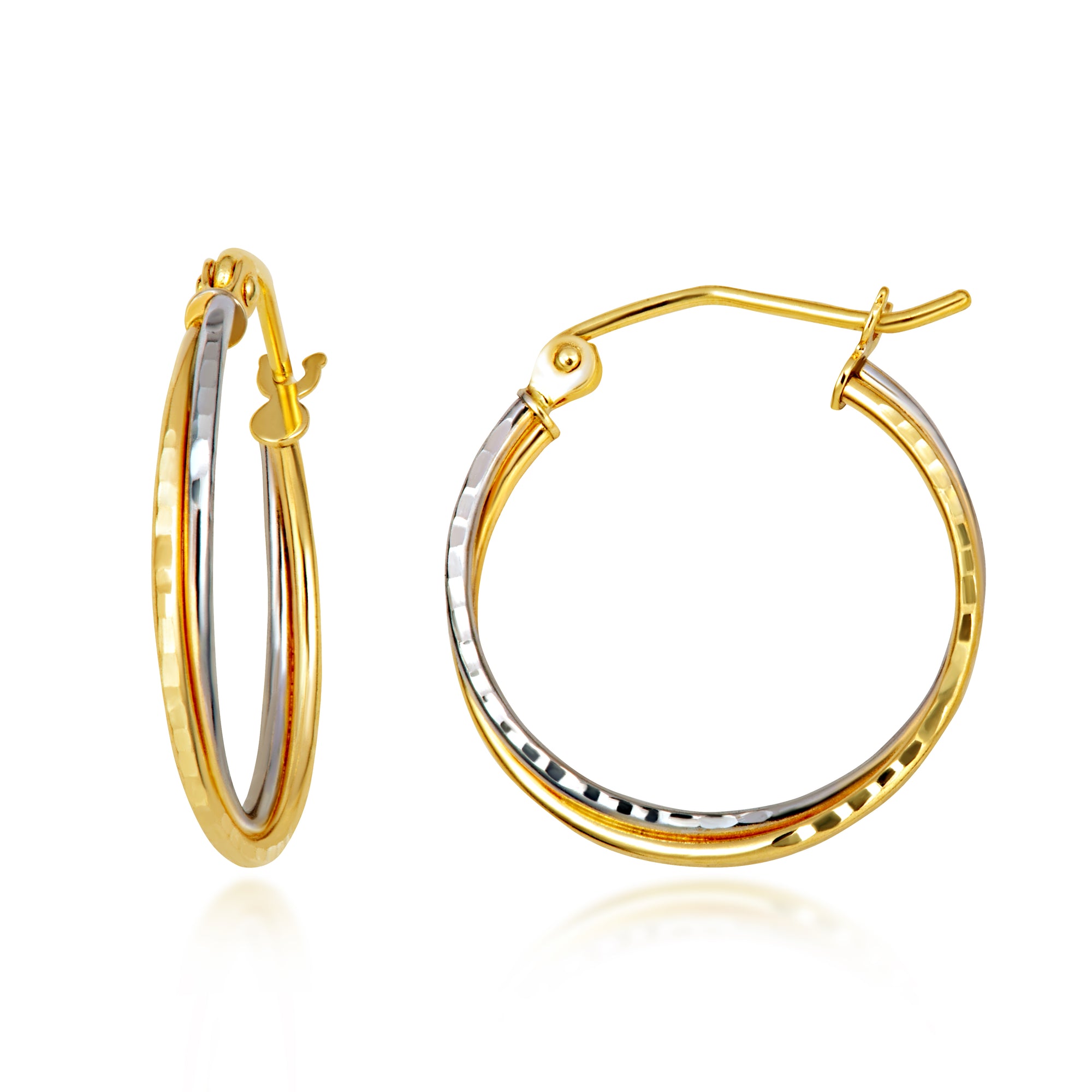 14K Two-Tone Gold Diamond Cut Interlocking Double Hoop Earrings