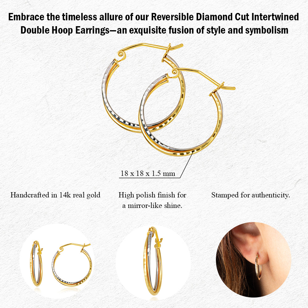 14K Two-Tone Gold Diamond Cut Interlocking Double Hoop Earrings, view 3