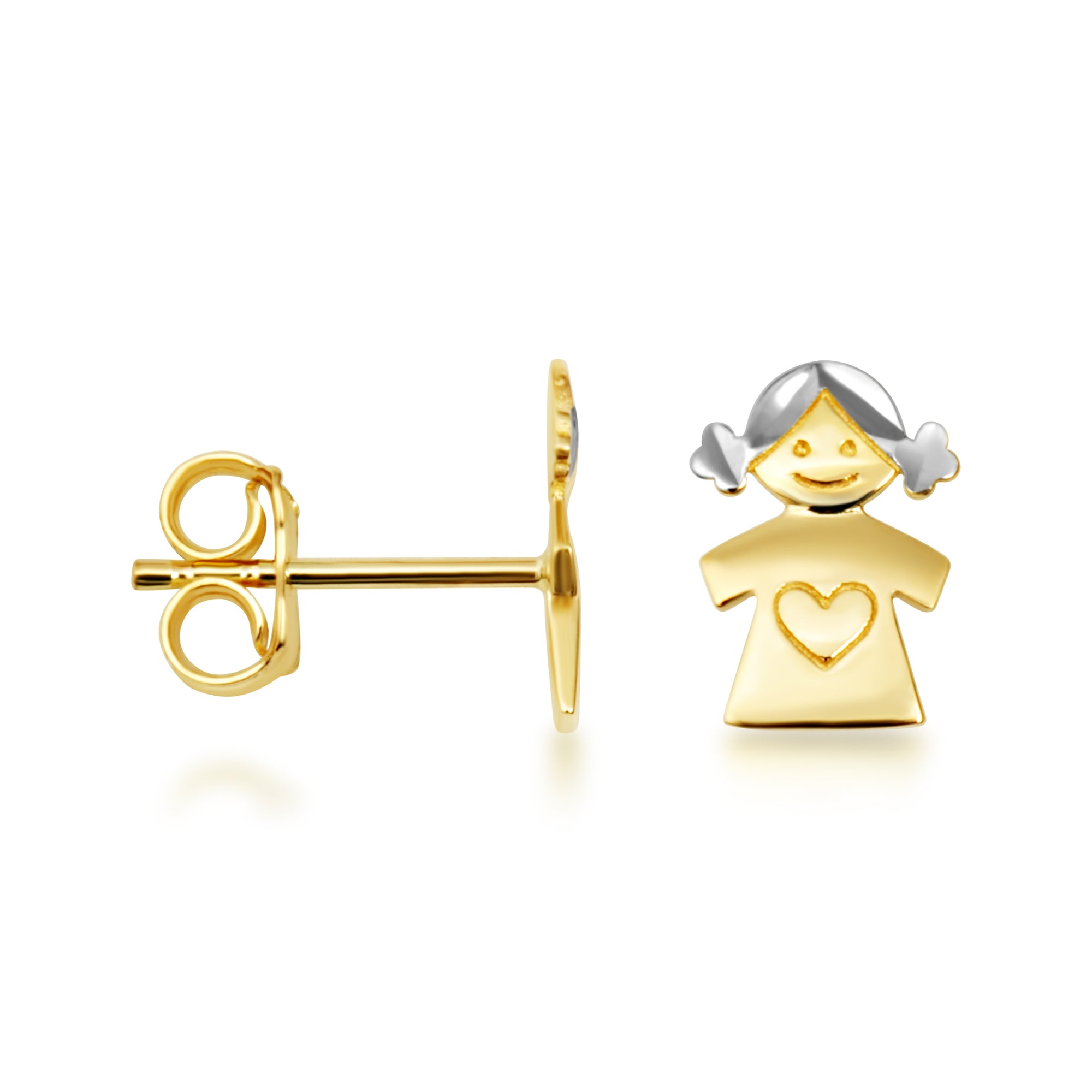 14K Two-Tone Gold Girl Diamond Cut Heart Stud Earrings