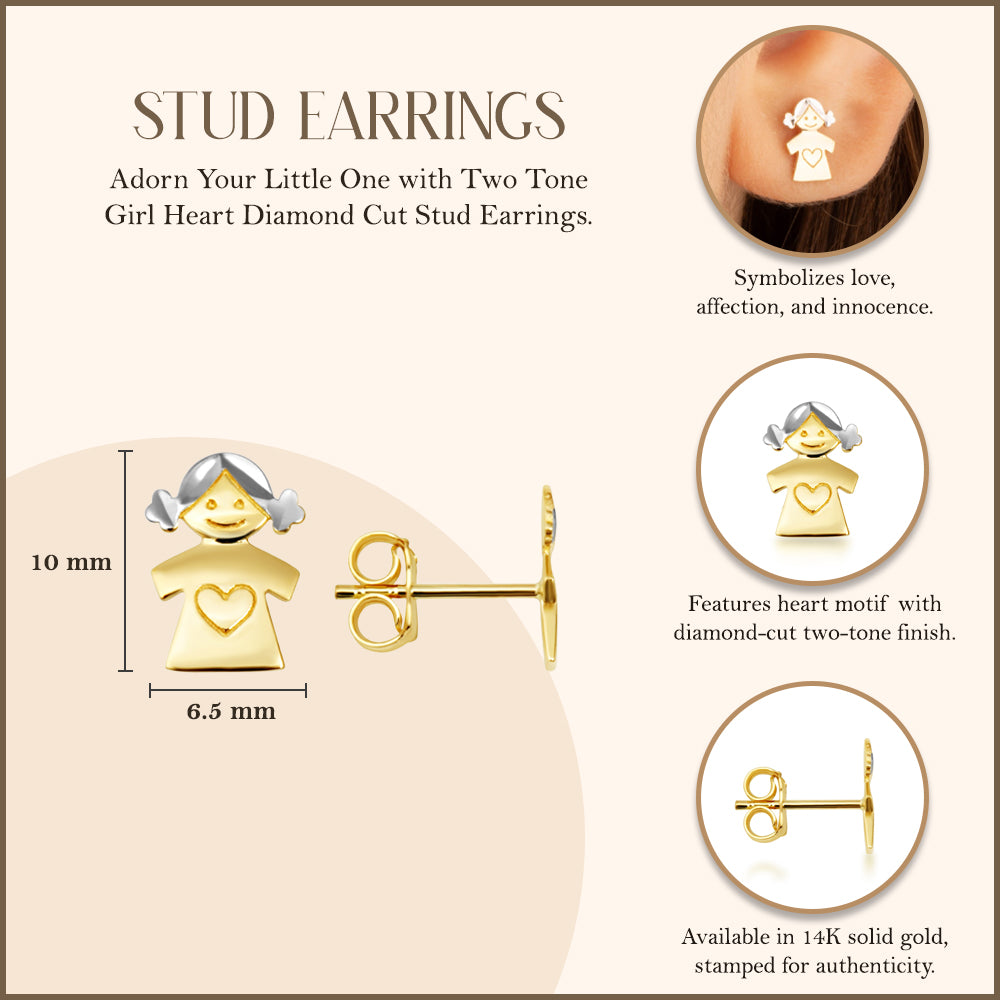14K Two-Tone Gold Girl Diamond Cut Heart Stud Earrings, view 3