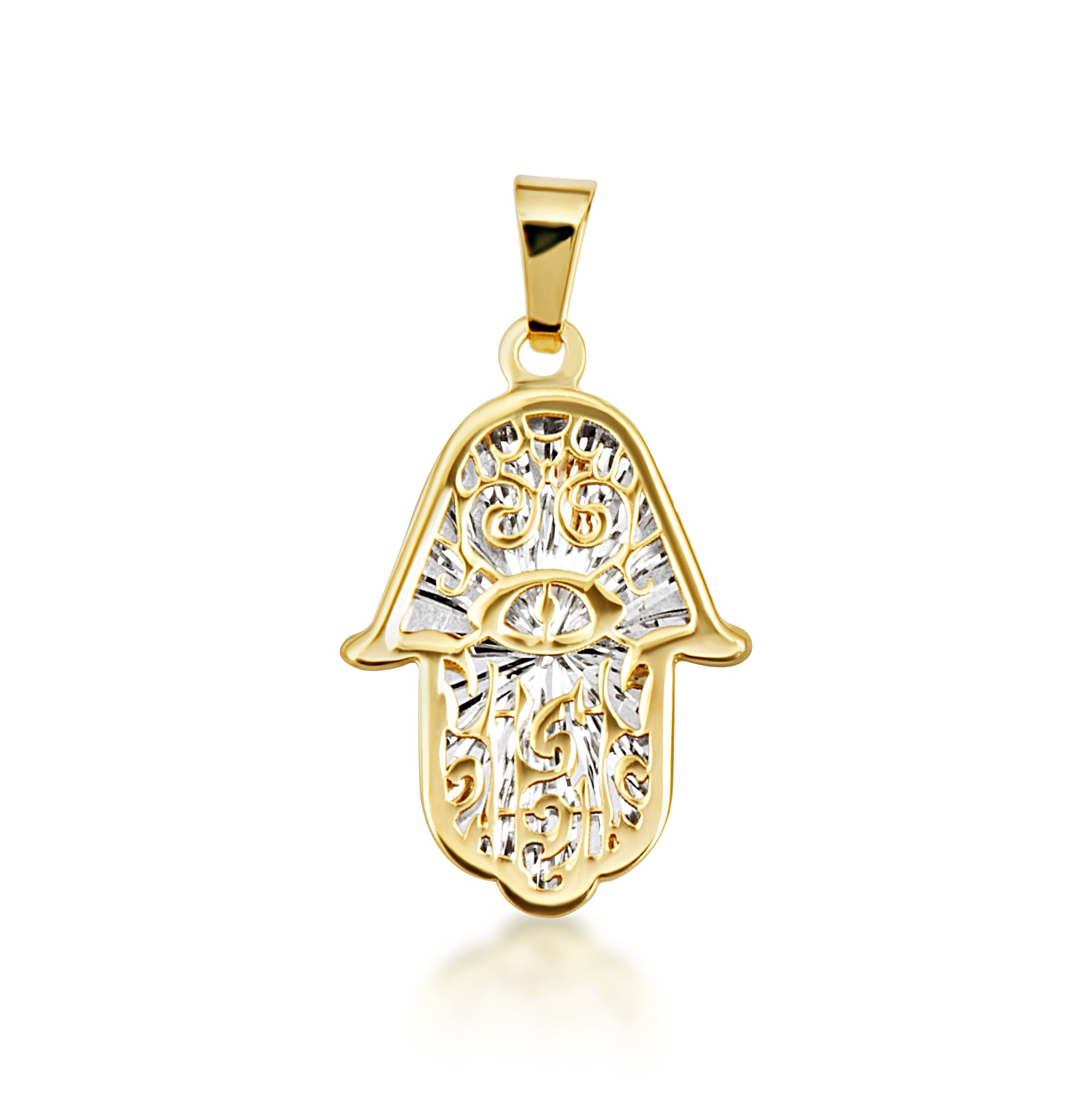 14K Two-Tone Gold Hamsa Hand Evil Eye Of Protection Diamond Cut Pendant Necklace