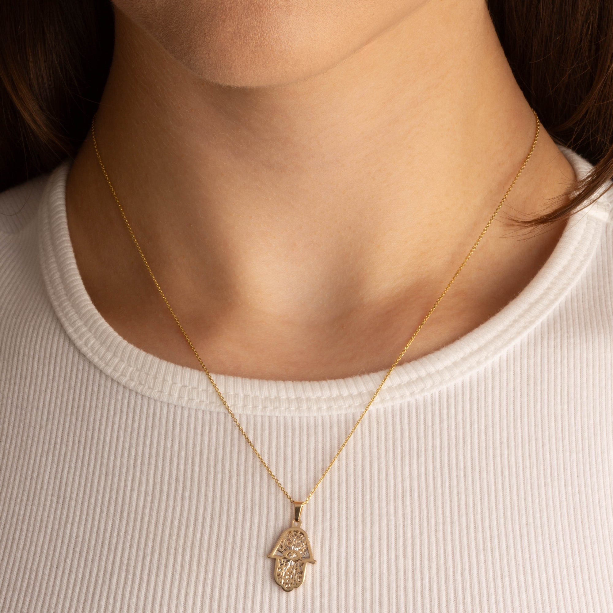 14K Two-Tone Gold Hamsa Hand Evil Eye Of Protection Diamond Cut Pendant Necklace, view 2