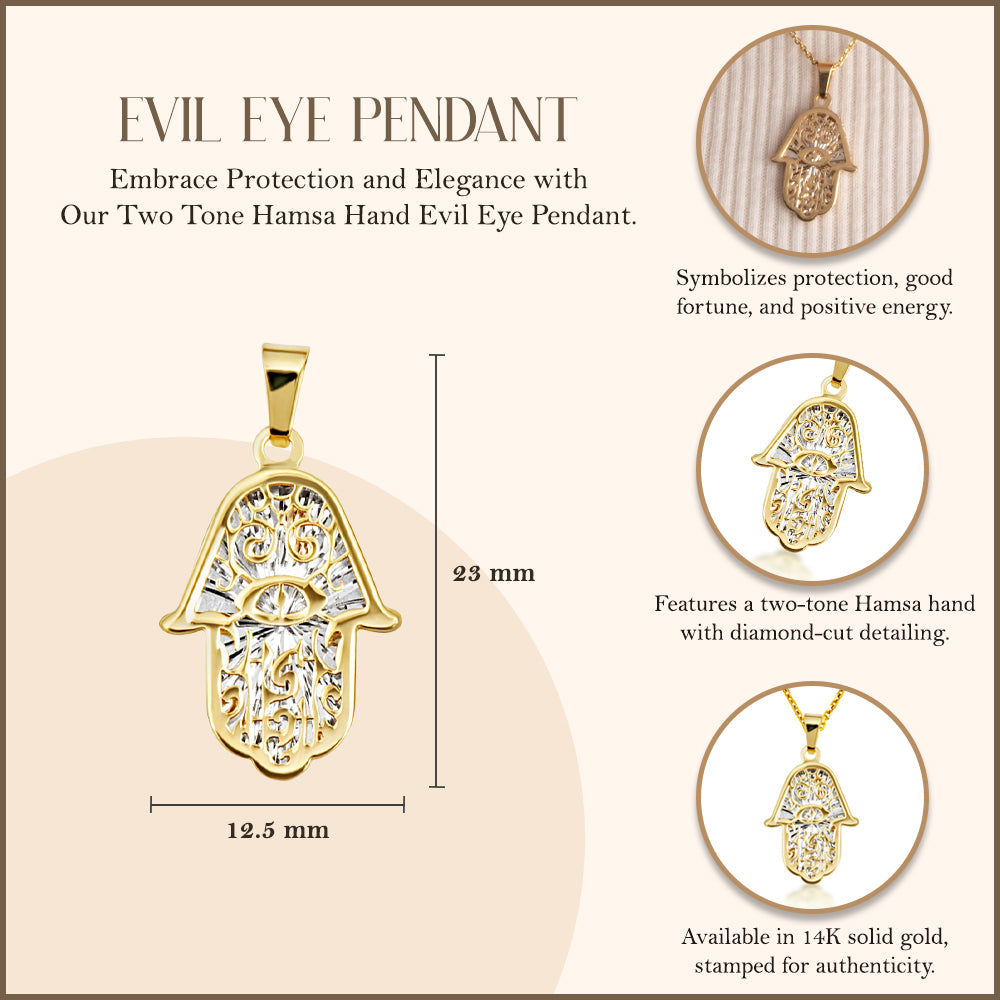 14K Two-Tone Gold Hamsa Hand Evil Eye Of Protection Diamond Cut Pendant Necklace, view 3