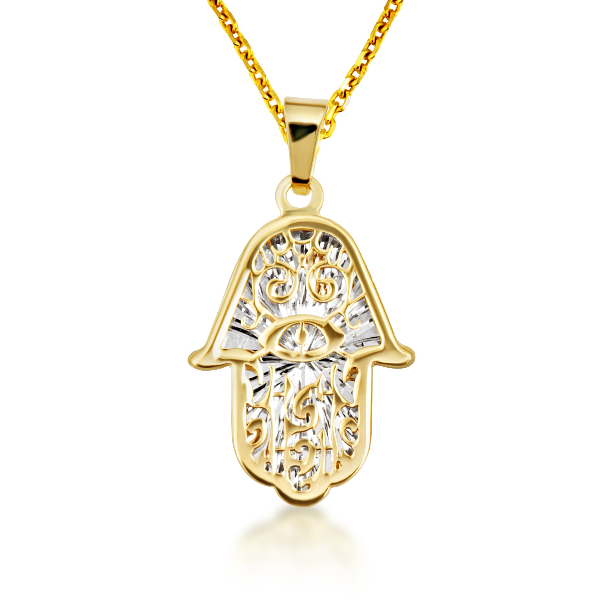 14K Two-Tone Gold Hamsa Hand Evil Eye Of Protection Diamond Cut Pendant Necklace, view 4