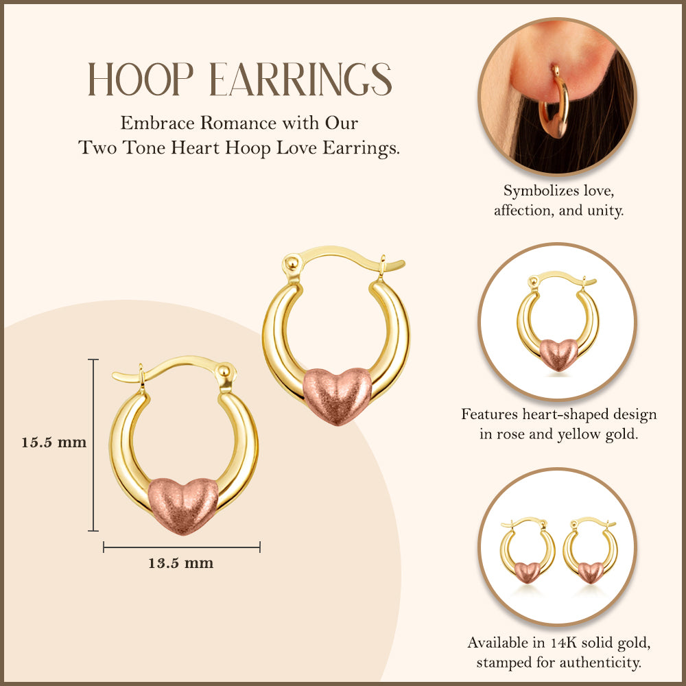 14K Two-Tone Gold Heart Hoop Love Earrings, view 3
