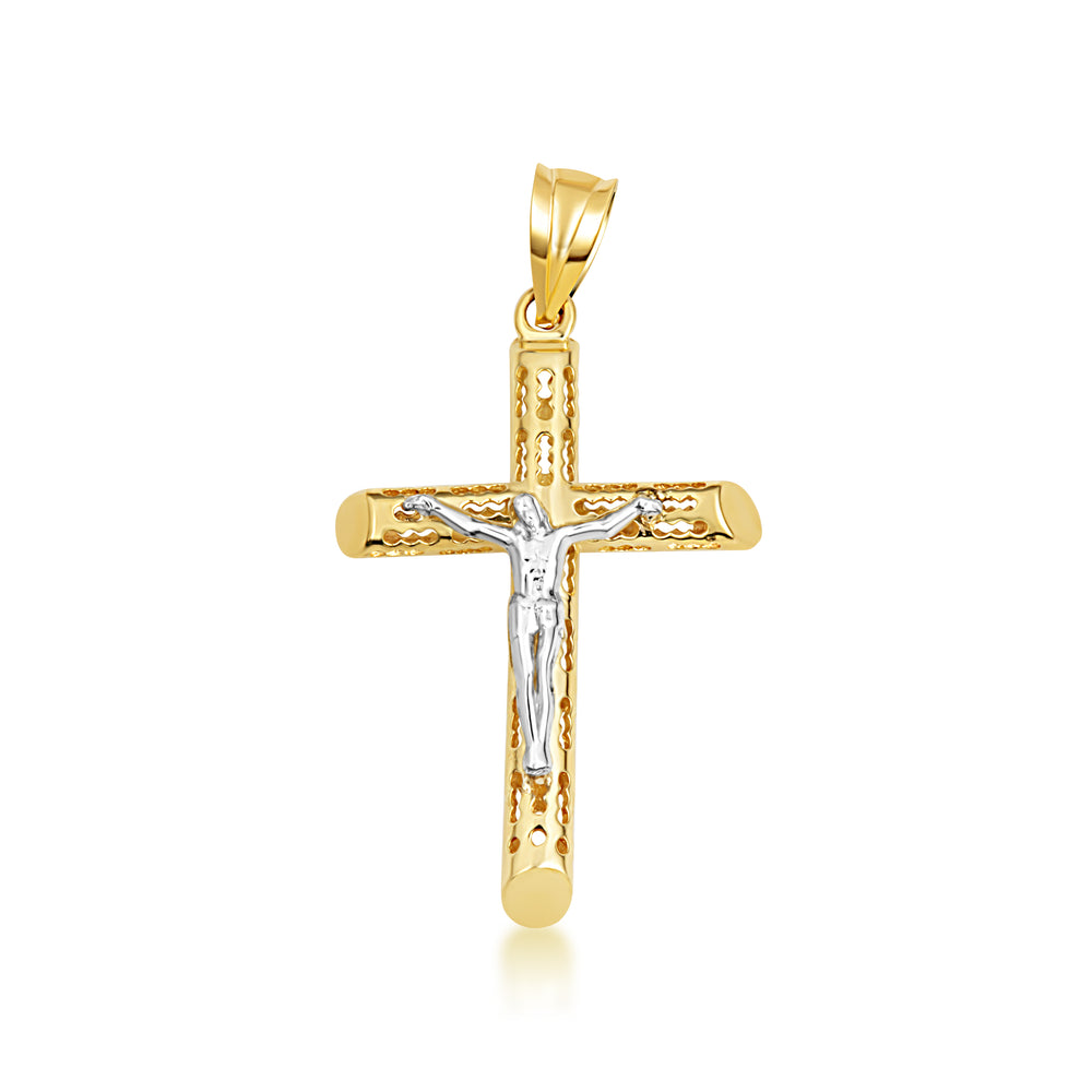 14K Two-Tone Gold Hollow Open Cut Design Cross Crucifix Pendant Necklace