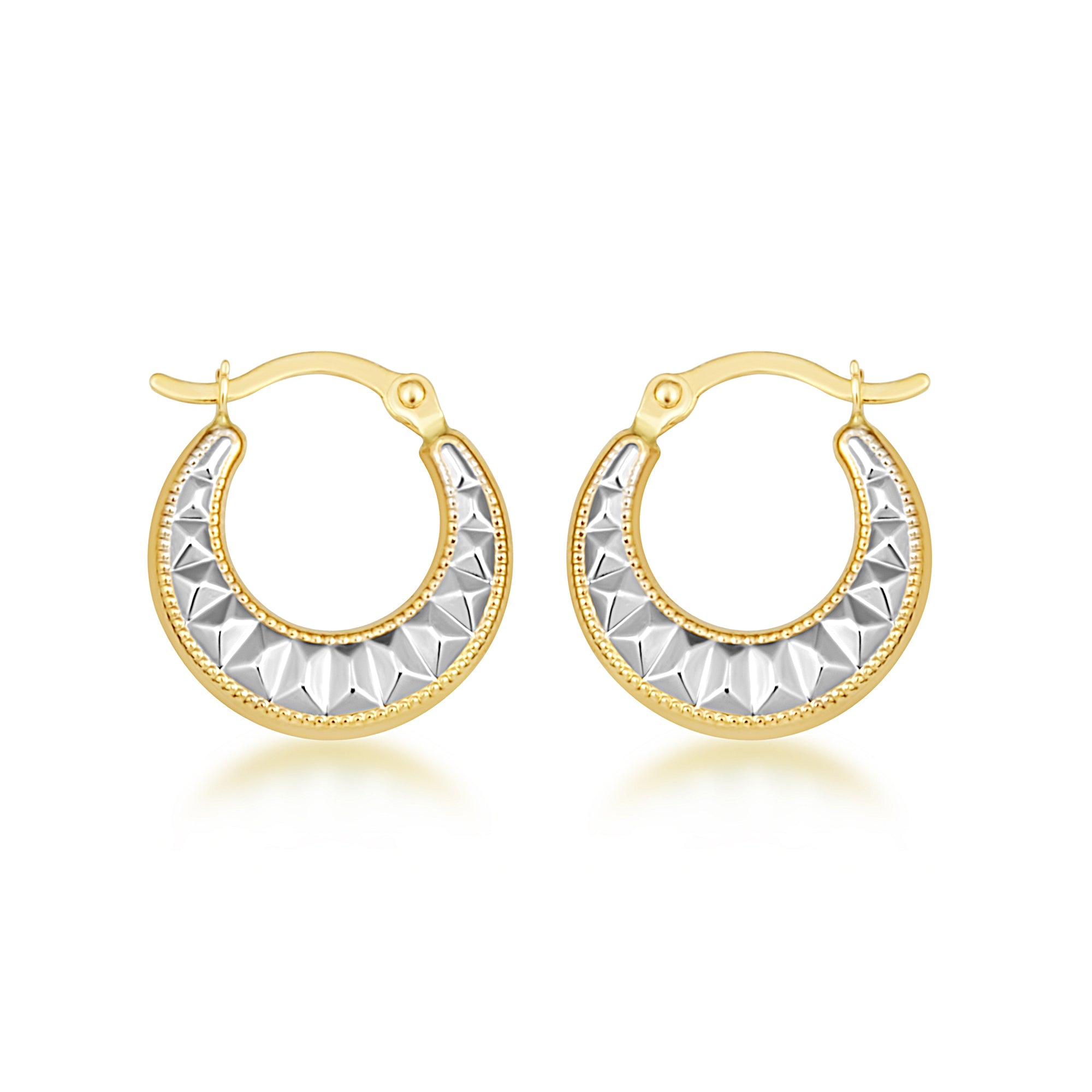 14K Two-Tone Gold Milgrain Ribbed Huggie Hoop Earrings