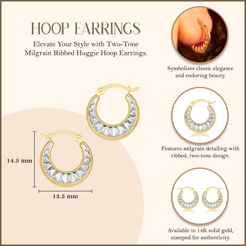 14K Two-Tone Gold Milgrain Ribbed Huggie Hoop Earrings, view 3