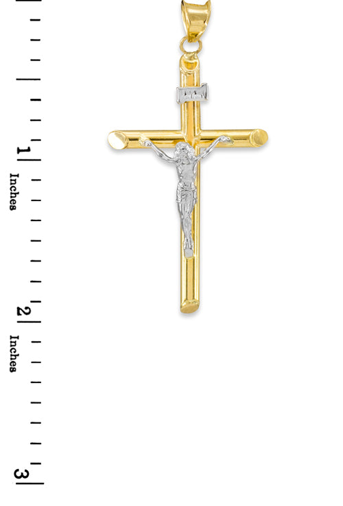 14K Two-Tone Gold Polished Tube Crucifix Pendant, view 3