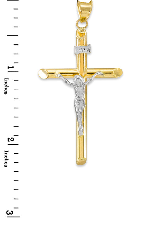 14K Two-Tone Gold Polished Tube Crucifix Pendant, view 4
