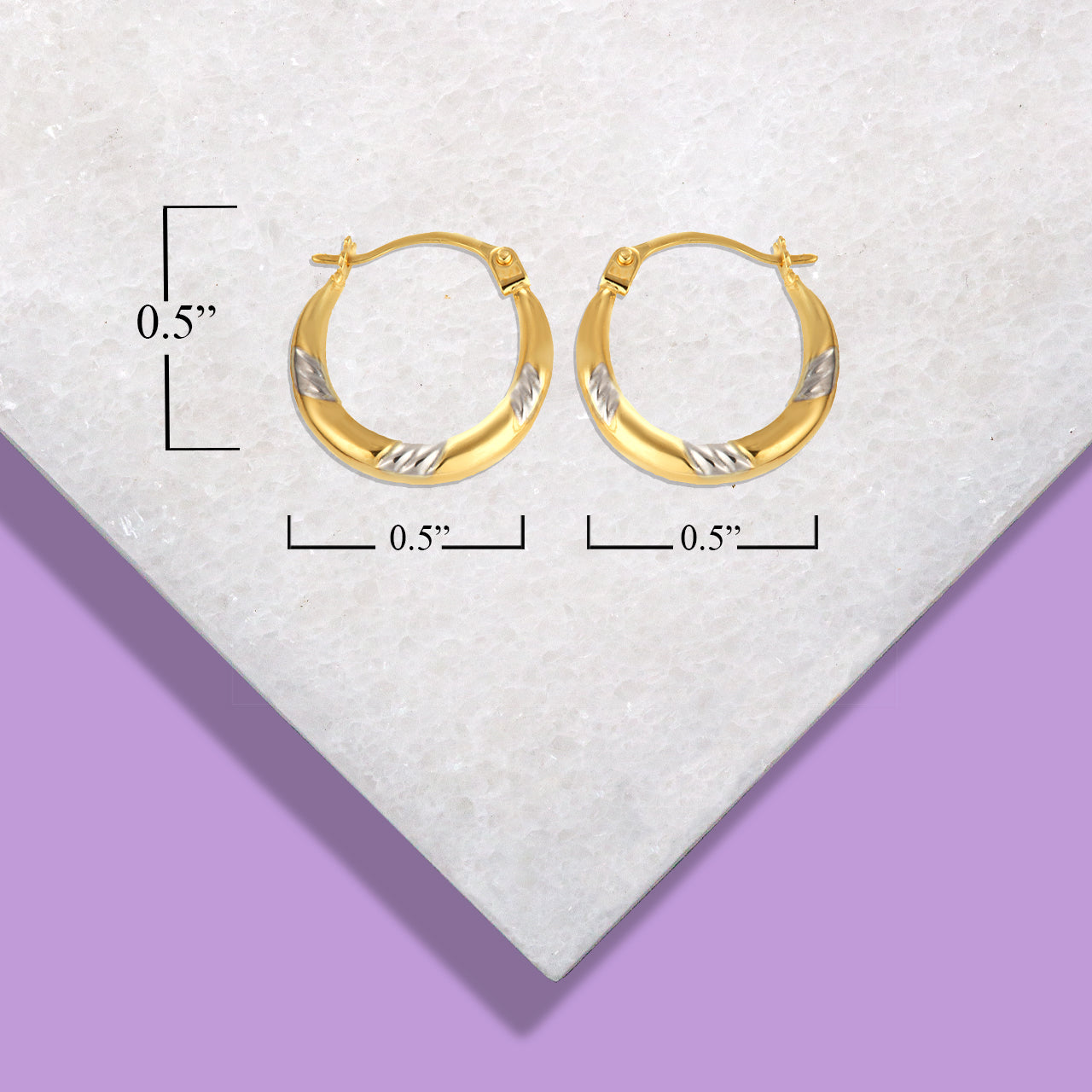 14K Two-Tone Gold Ribbed & Solid Reversible Hoop Earrings (0.50"), view 3