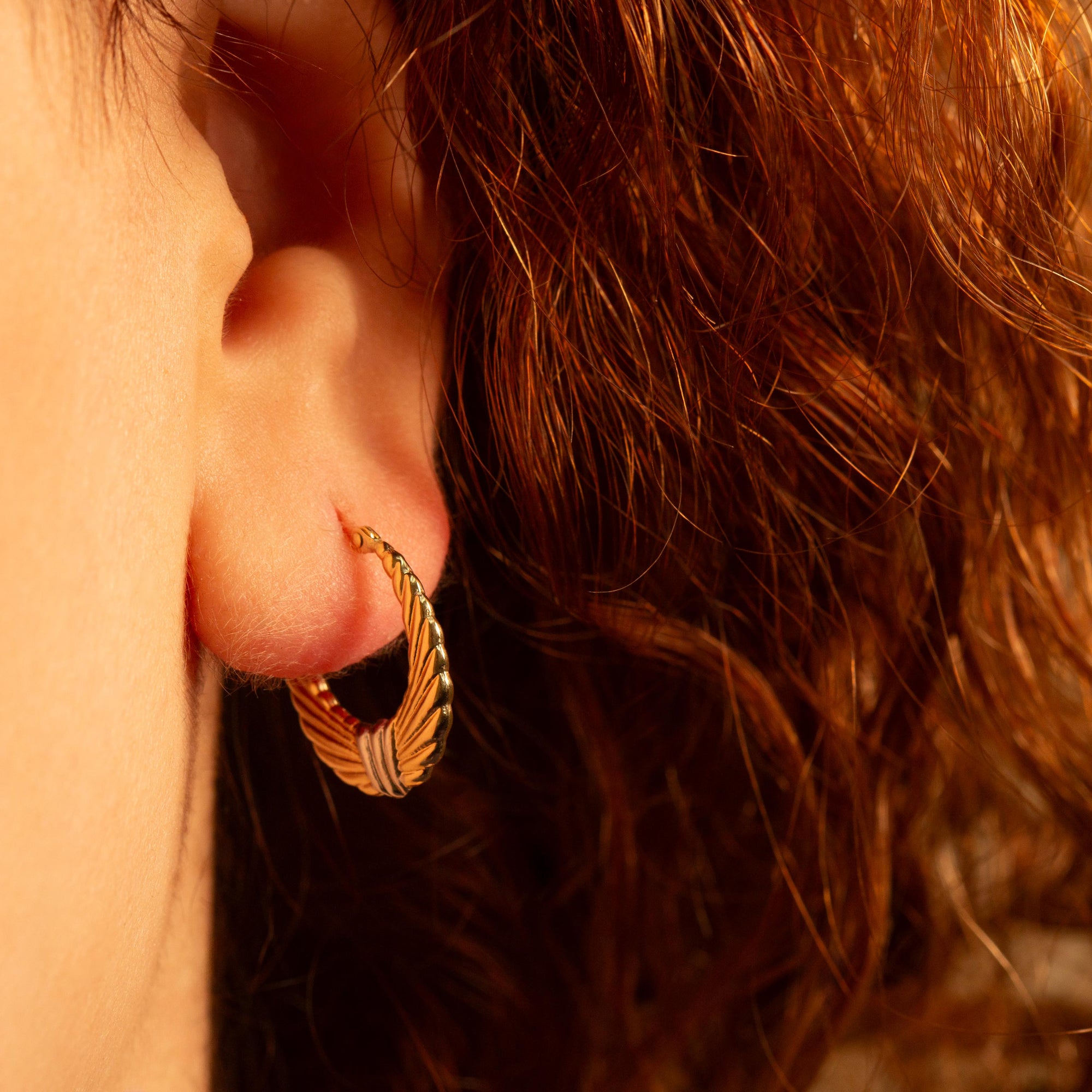 14K Two-Tone Gold Ribbed Hoop Earrings, view 2