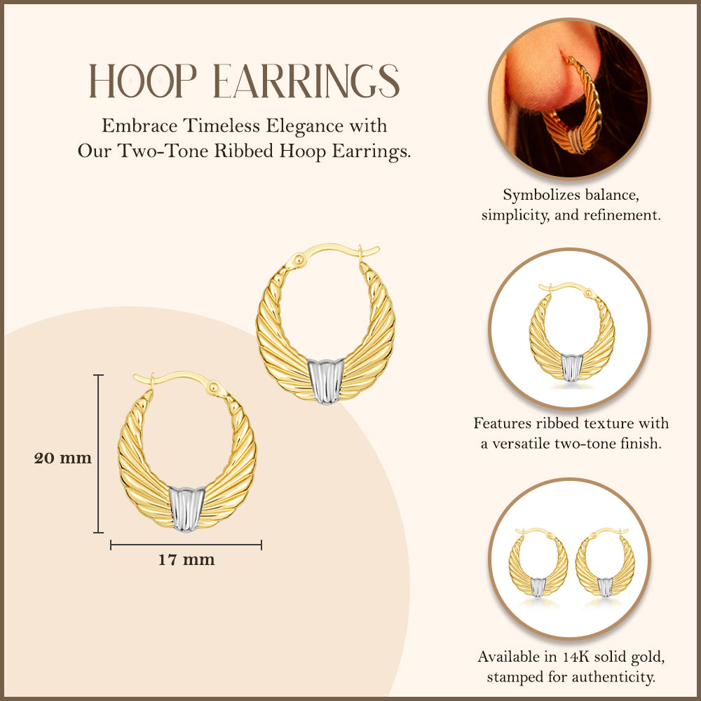 14K Two-Tone Gold Ribbed Hoop Earrings, view 3