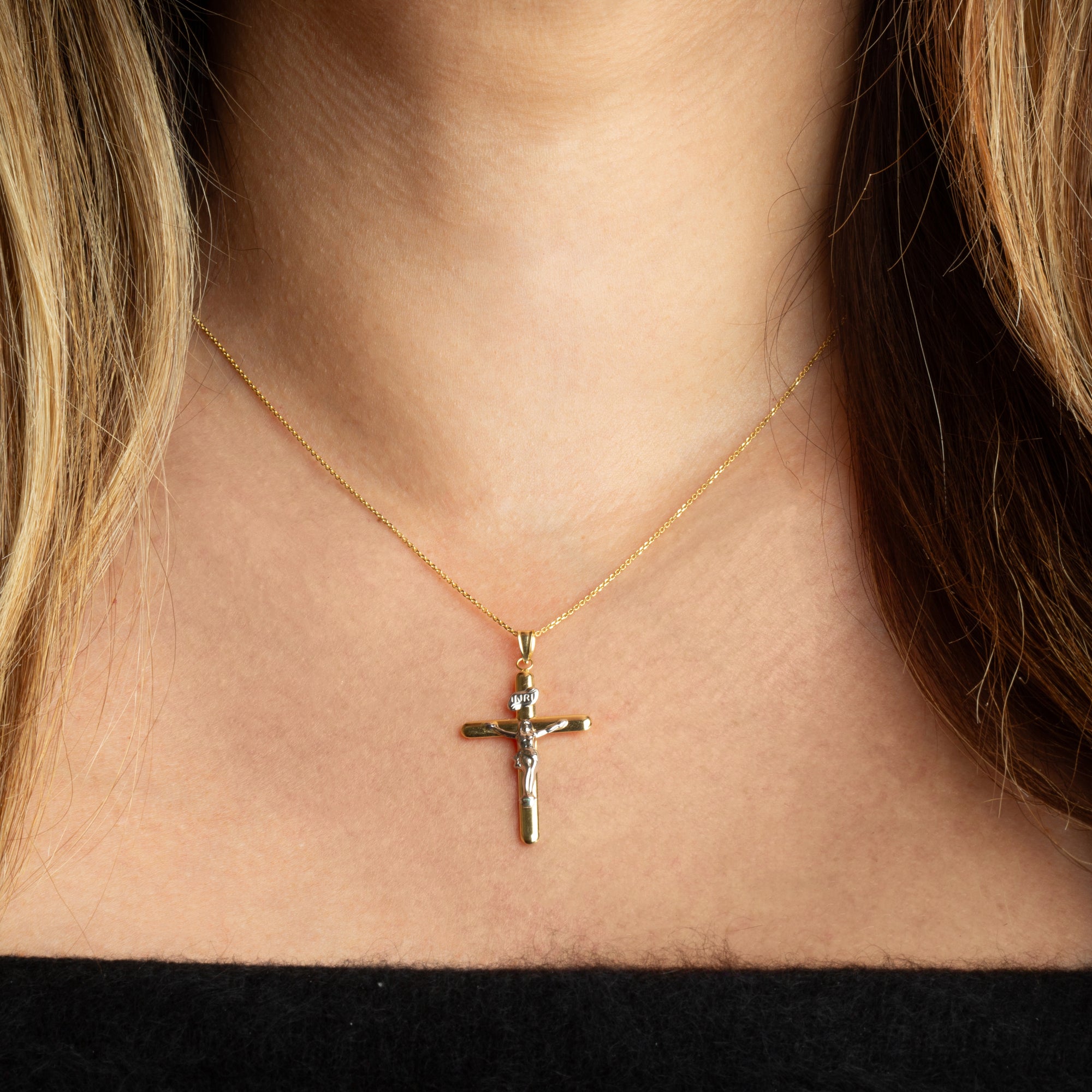 14K Two-Tone Gold Sacred INRI Jesus Christ Cross Crucifix Pendant Necklace, view 2