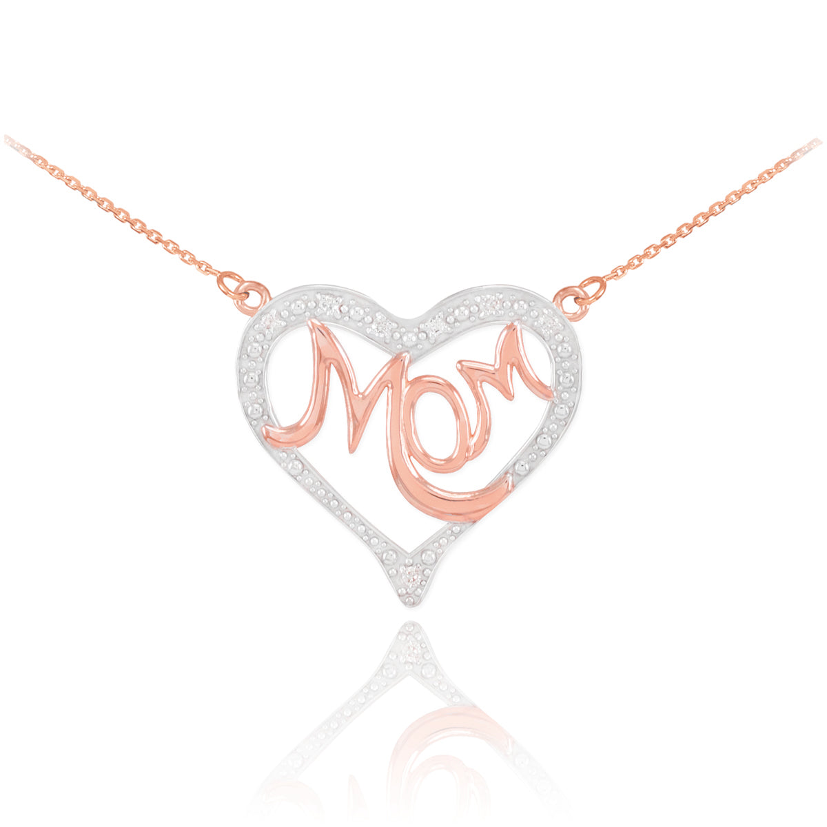 14K Two-Tone Rose Gold Diamond Studded "Mom" Heart Necklace, view 2