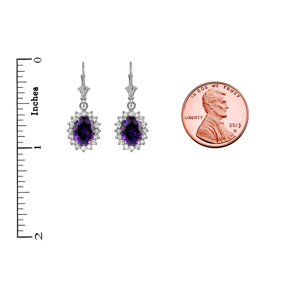 14K White Gold Amethyst Birthstone Diamond Halo Drop Dangle Earrings, view 2
