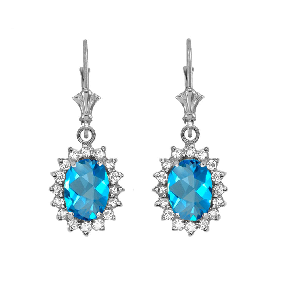 14K White Gold Blue Topaz Birthstone Diamond Halo Drop Dangle Earrings