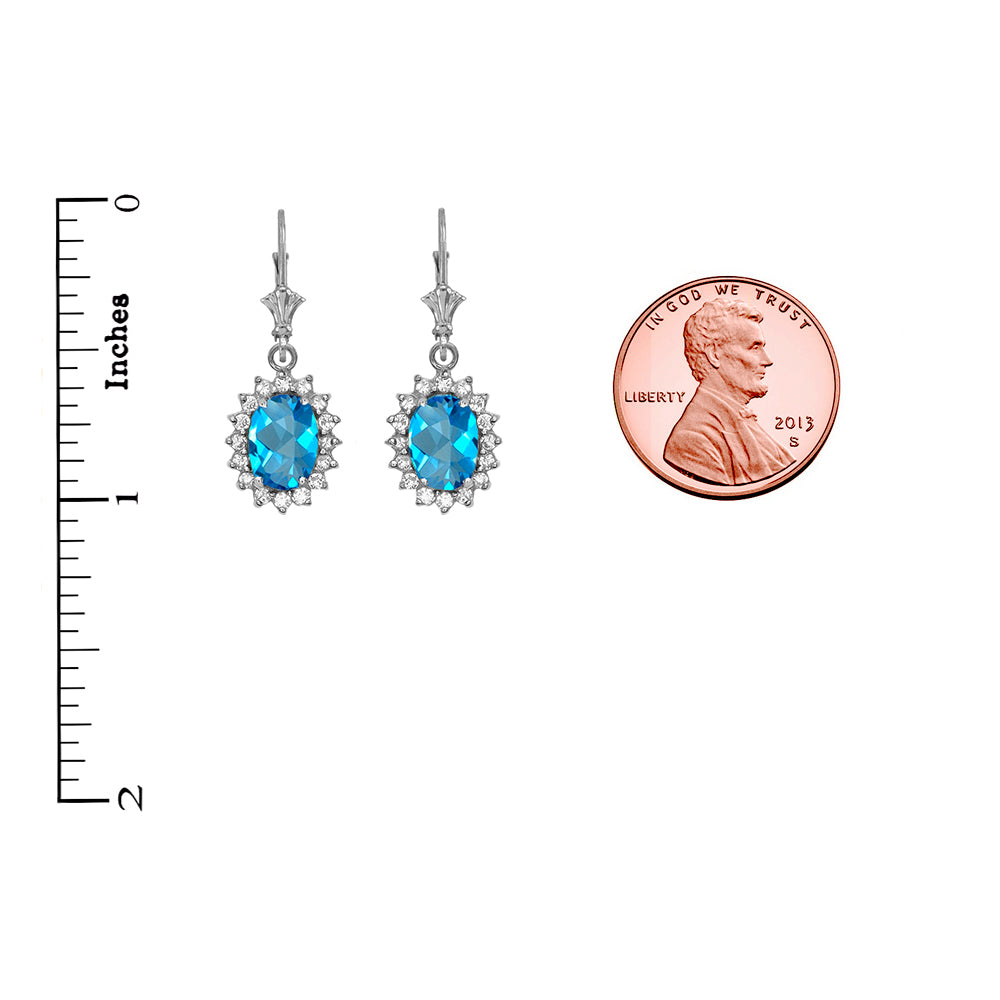 14K White Gold Blue Topaz Birthstone Diamond Halo Drop Dangle Earrings, view 2
