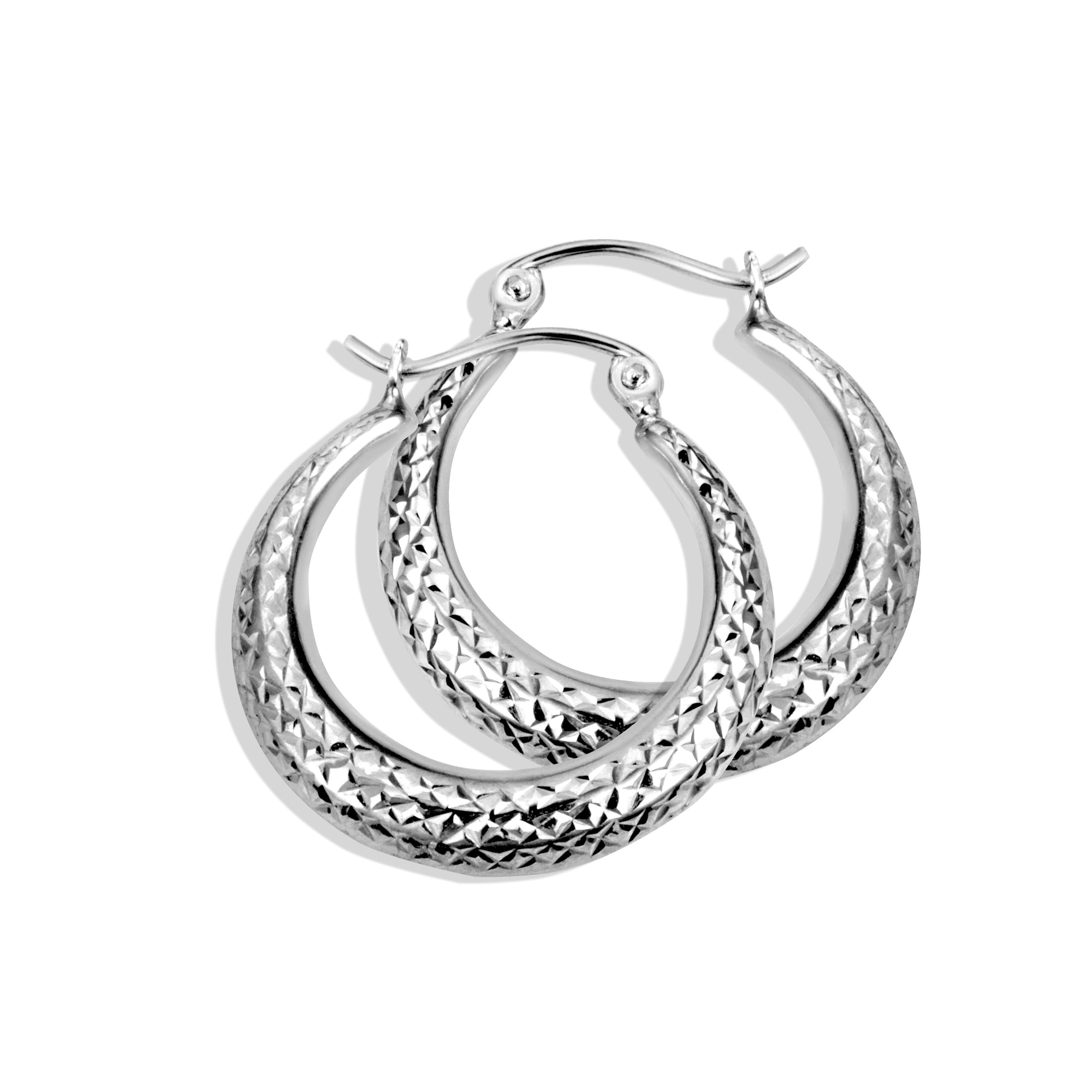 14K White Gold Classic Diamond Cut Textured Hoop Earrings