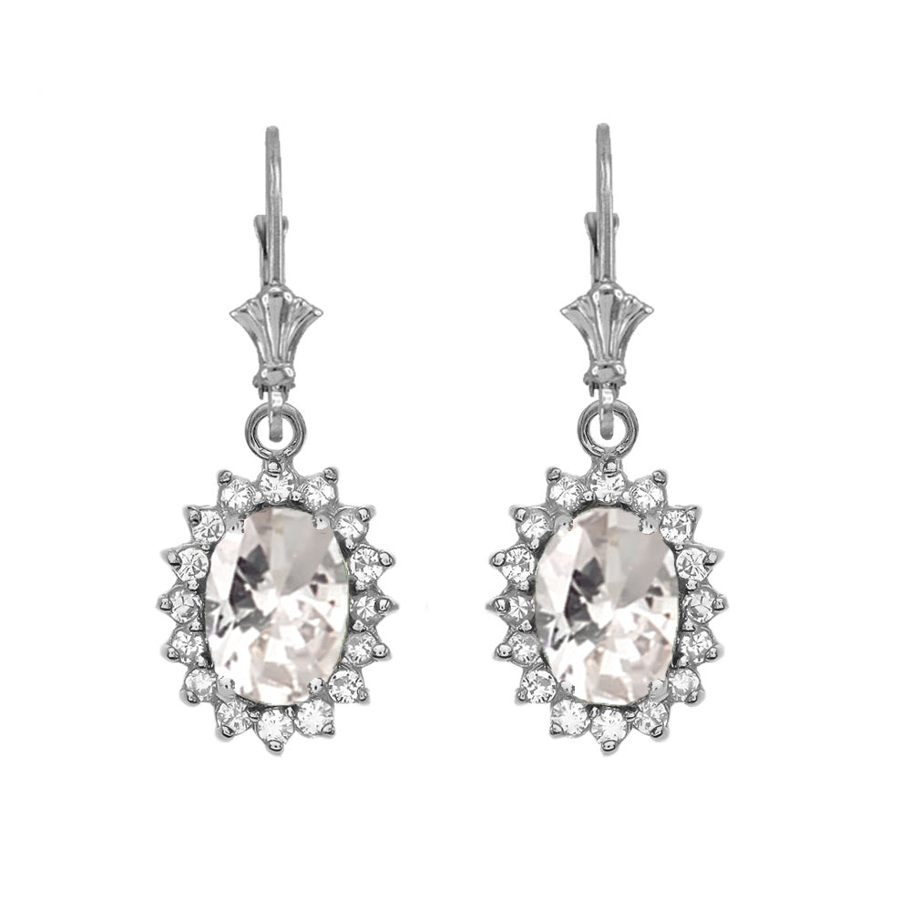 14K White Gold Cubic Zirconia & Diamond Halo Drop Dangle Earrings