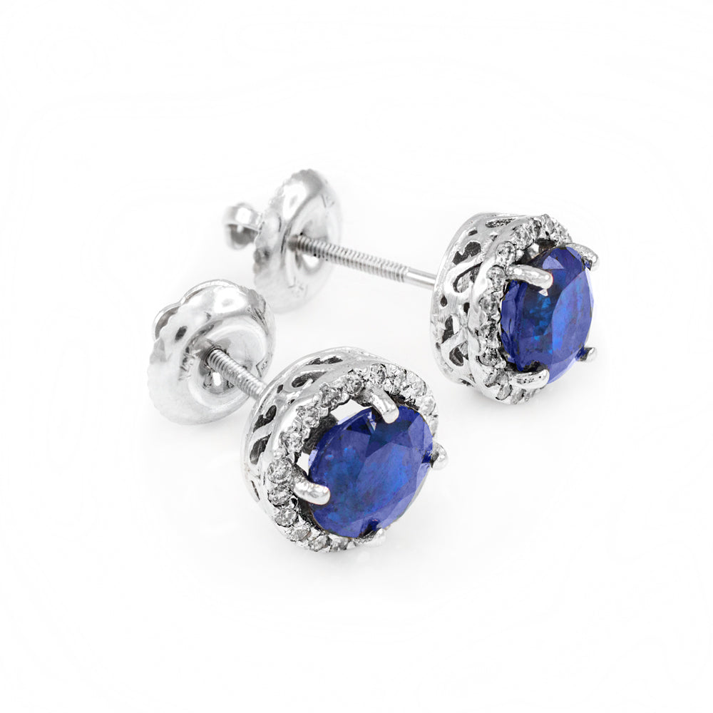 14K White Gold Diamond Blue Sapphire Earrings