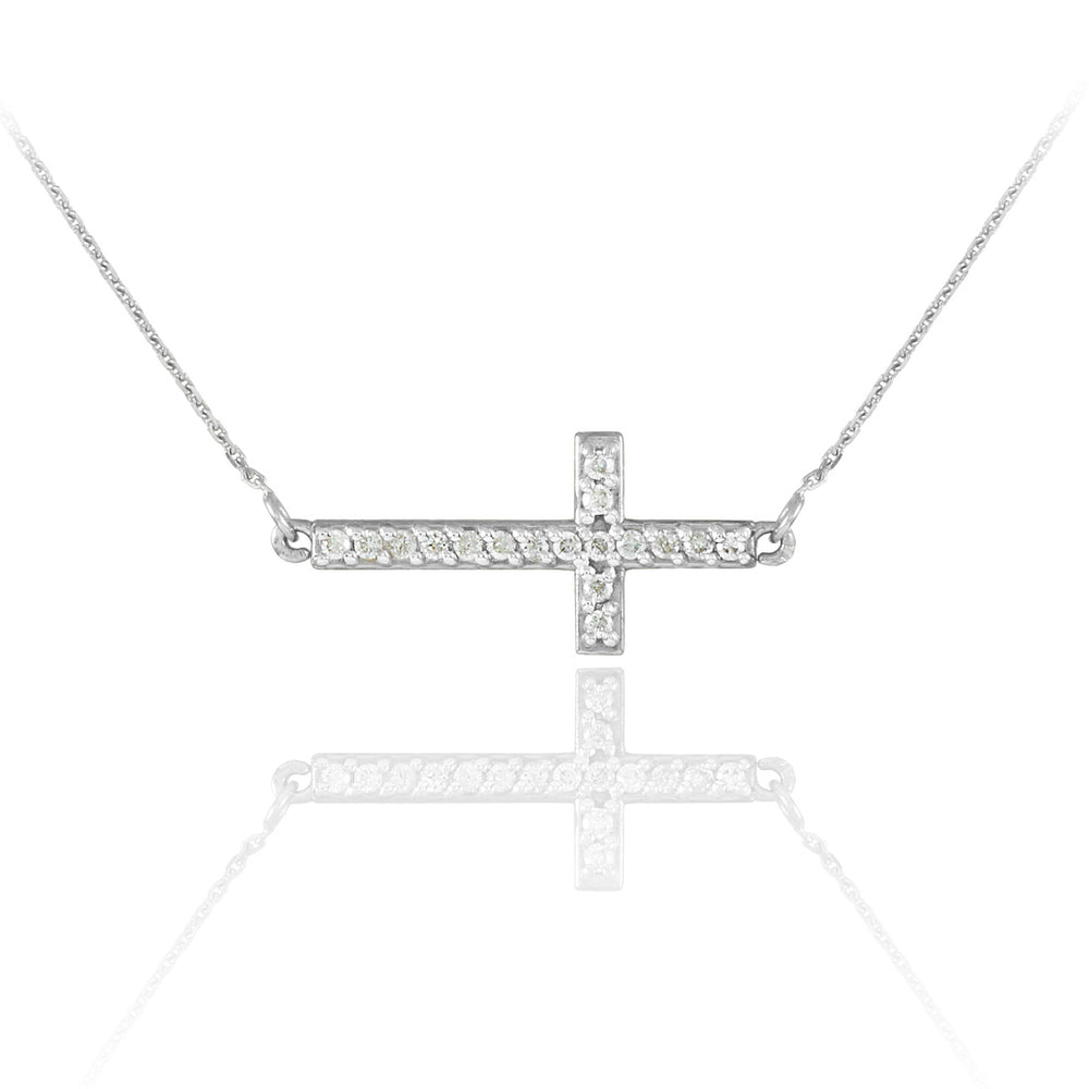 14K White Gold Diamond Sideways Cross Religious Pendant Necklace