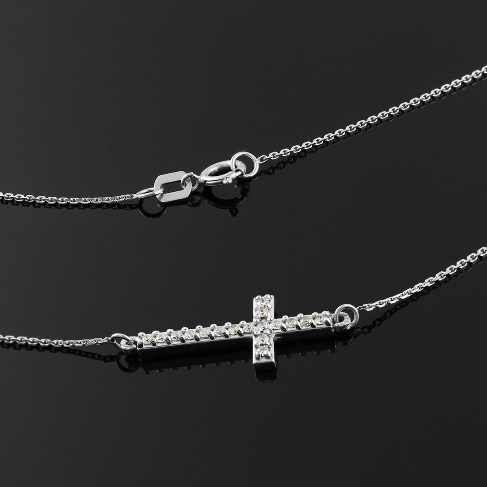 14K White Gold Diamond Sideways Cross Religious Pendant Necklace, view 2