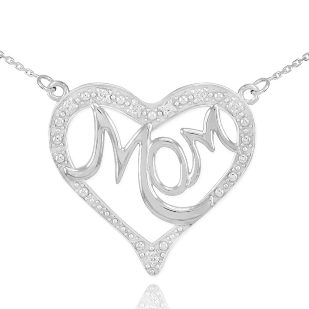 14K White Gold Diamond Studded Heart "Mom" Necklace