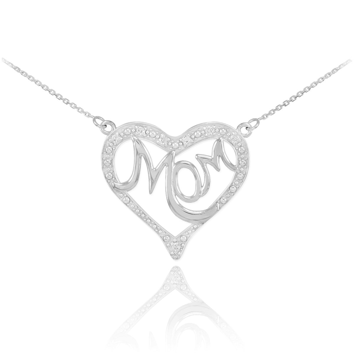 14K White Gold Diamond Studded Heart "Mom" Necklace, view 2