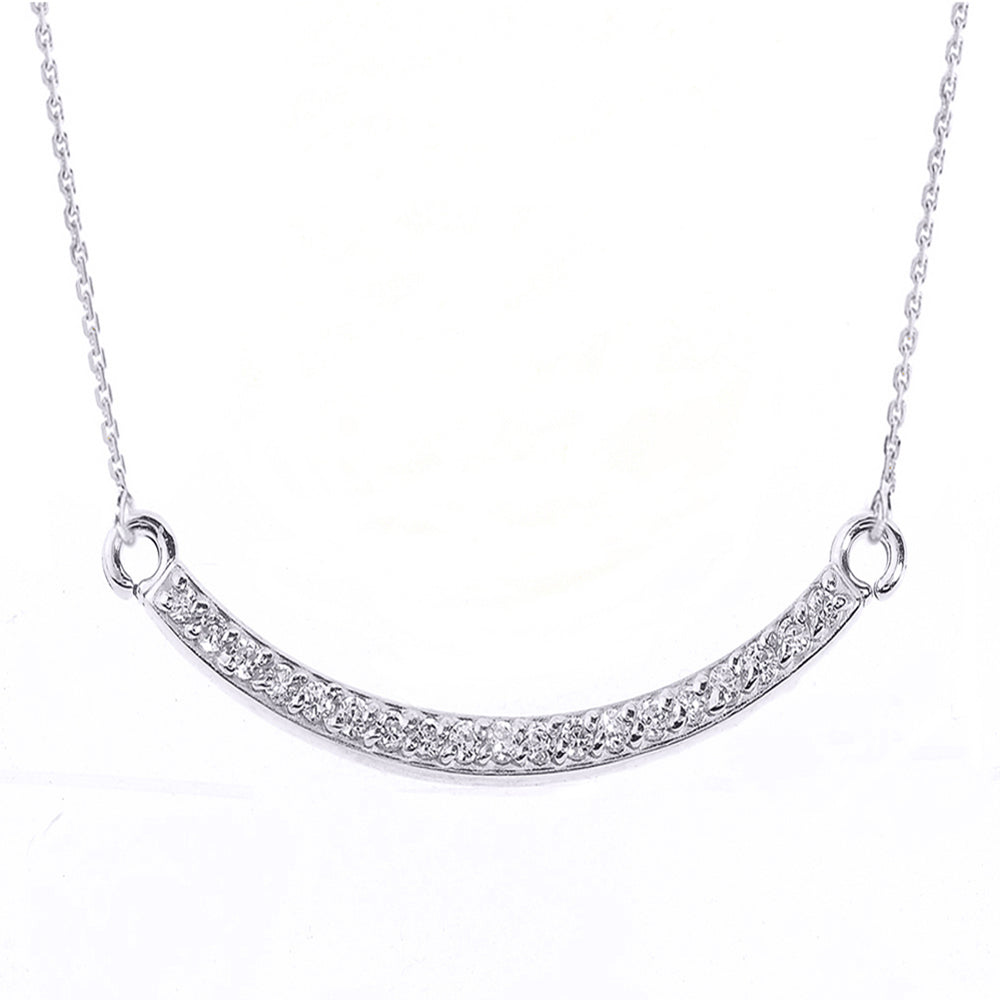 14K White Gold Smiley Face Curved Diamond Necklace