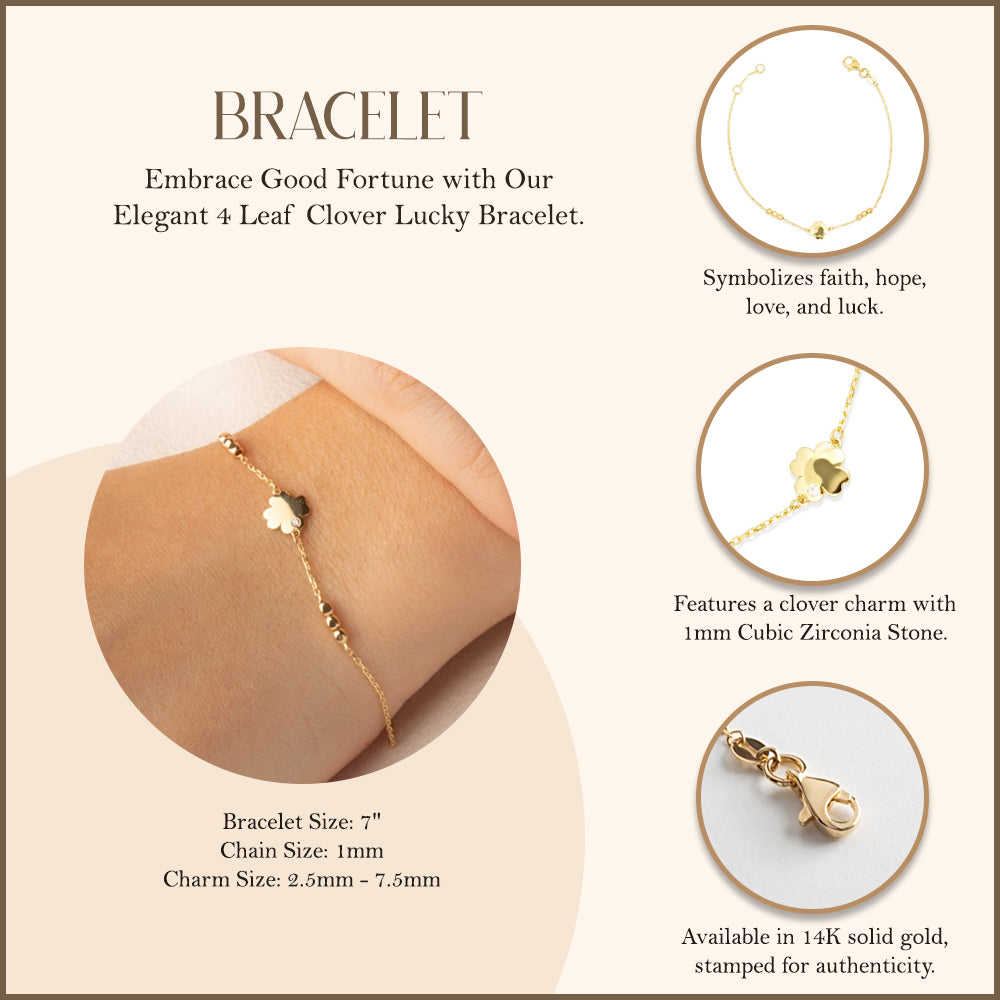 14K Yellow Gold 4 Leaf Clover Lucky Bracelet, view 3