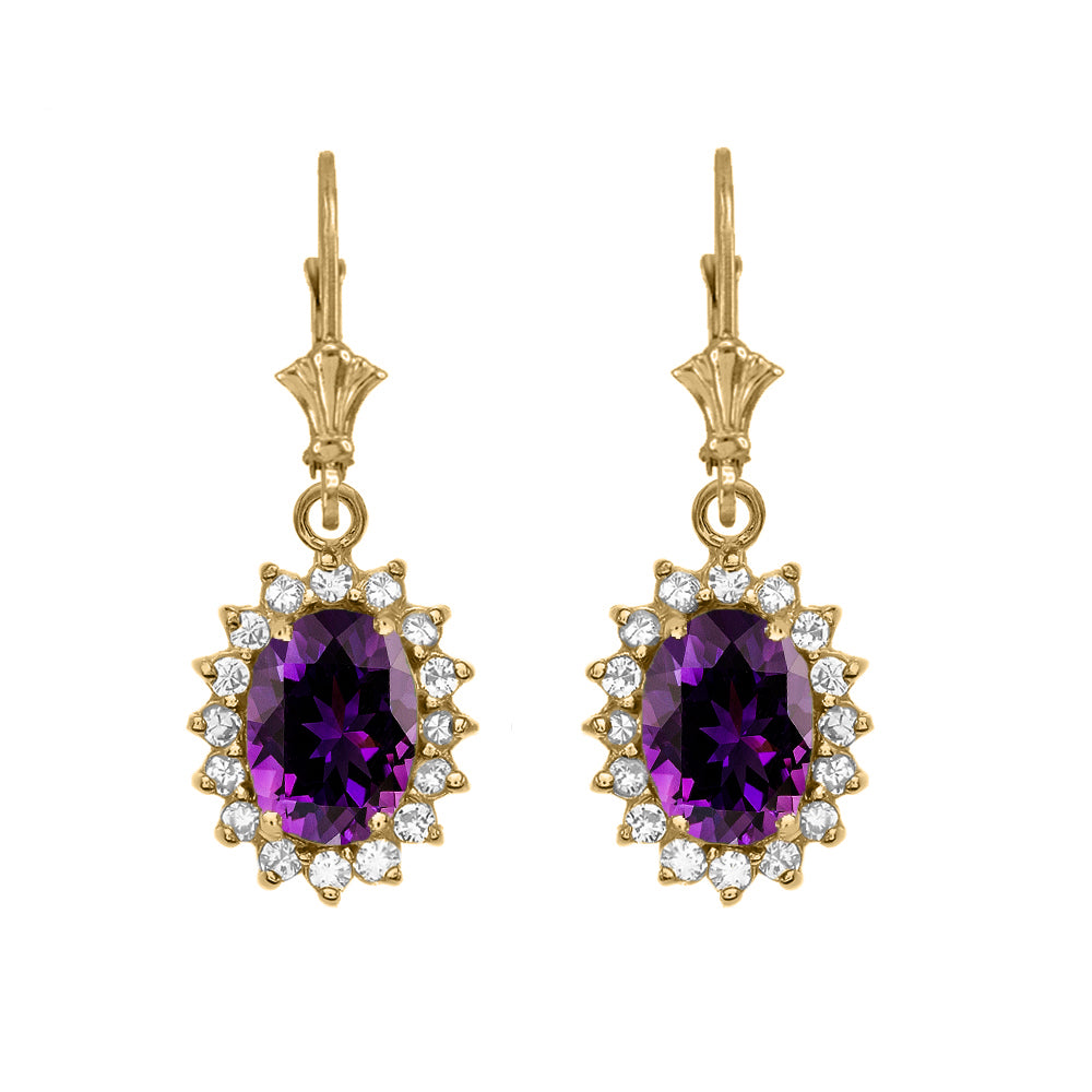 14K Yellow Gold Amethyst Birthstone Diamond Halo Drop Dangle Earrings