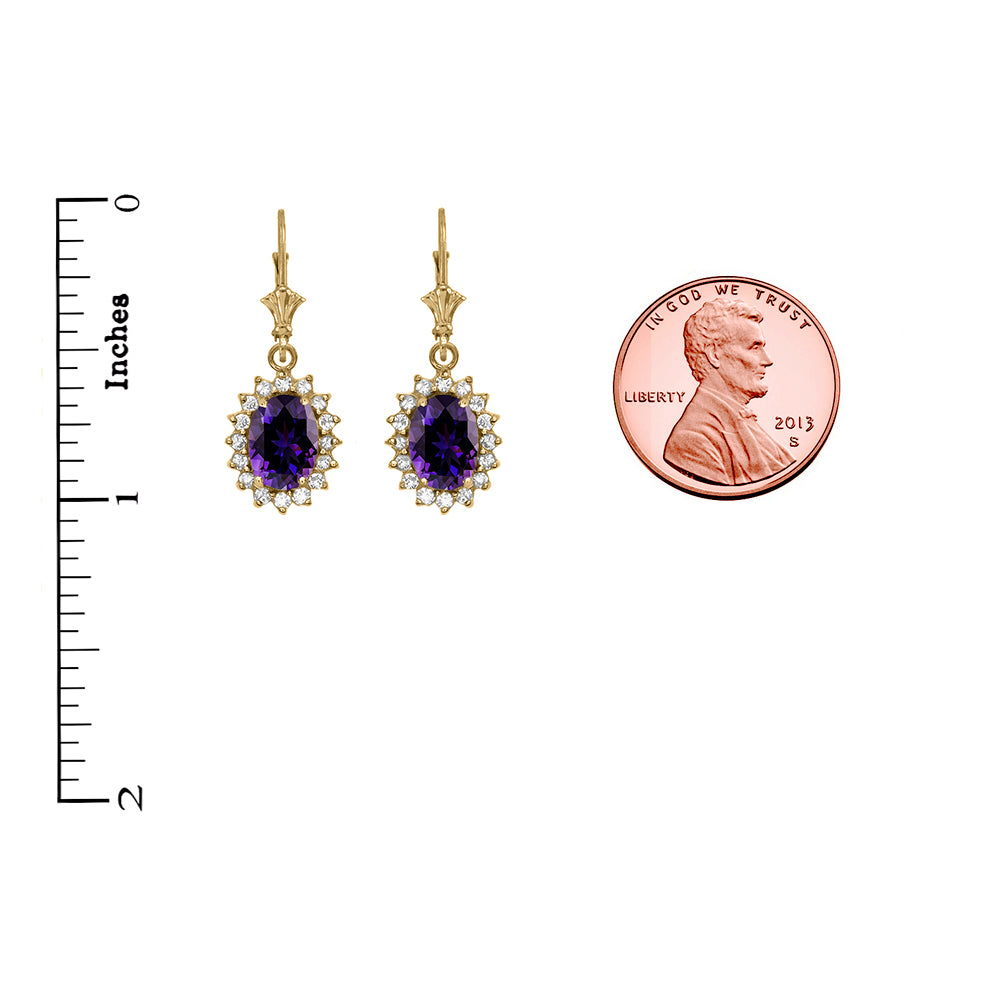 14K Yellow Gold Amethyst Birthstone Diamond Halo Drop Dangle Earrings, view 2