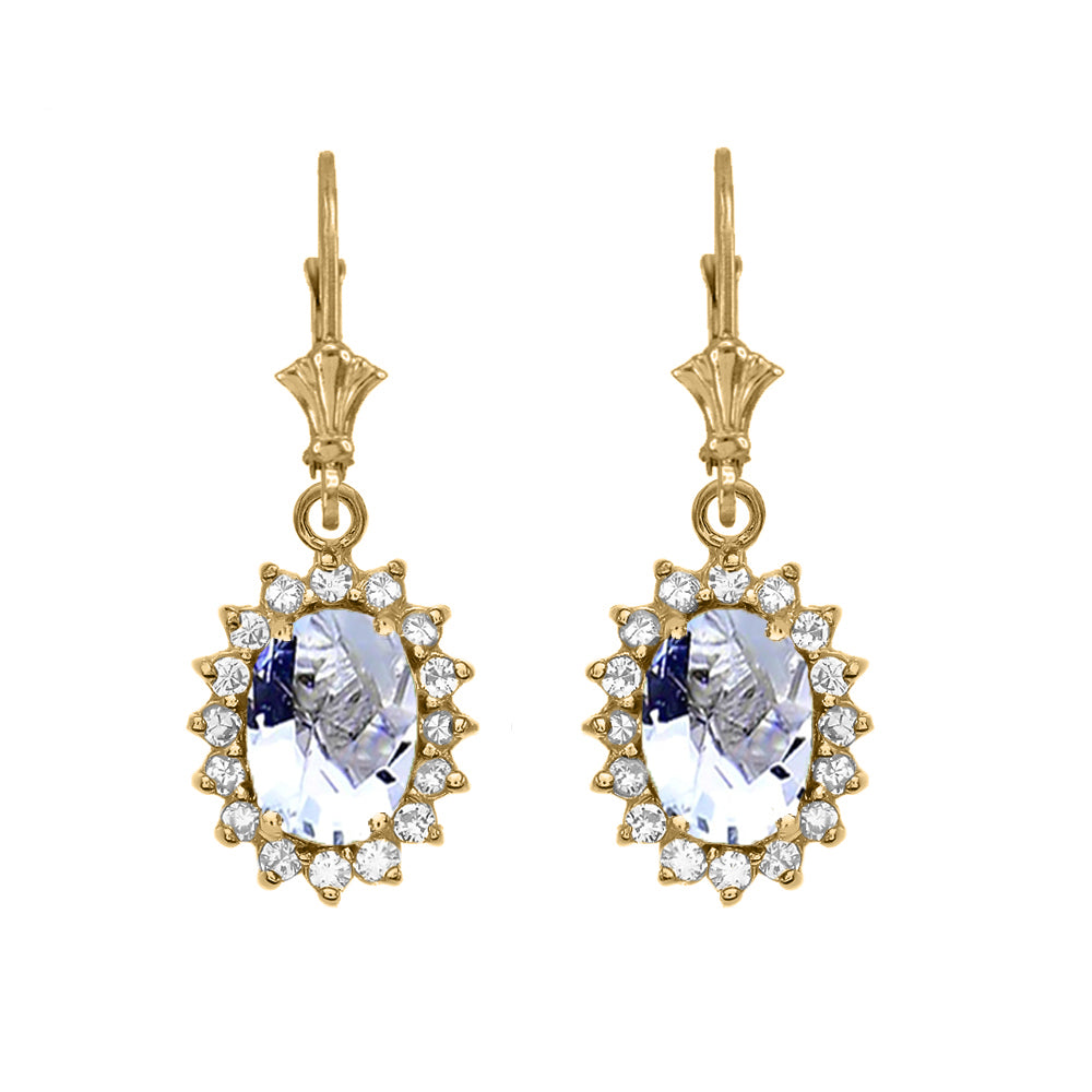 14K Yellow Gold Aquamarine Birthstone Diamond Halo Drop Dangle Earrings