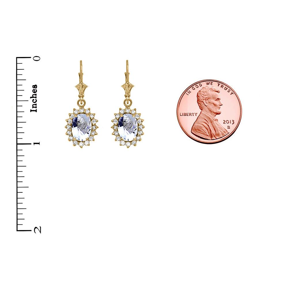 14K Yellow Gold Aquamarine Birthstone Diamond Halo Drop Dangle Earrings, view 2