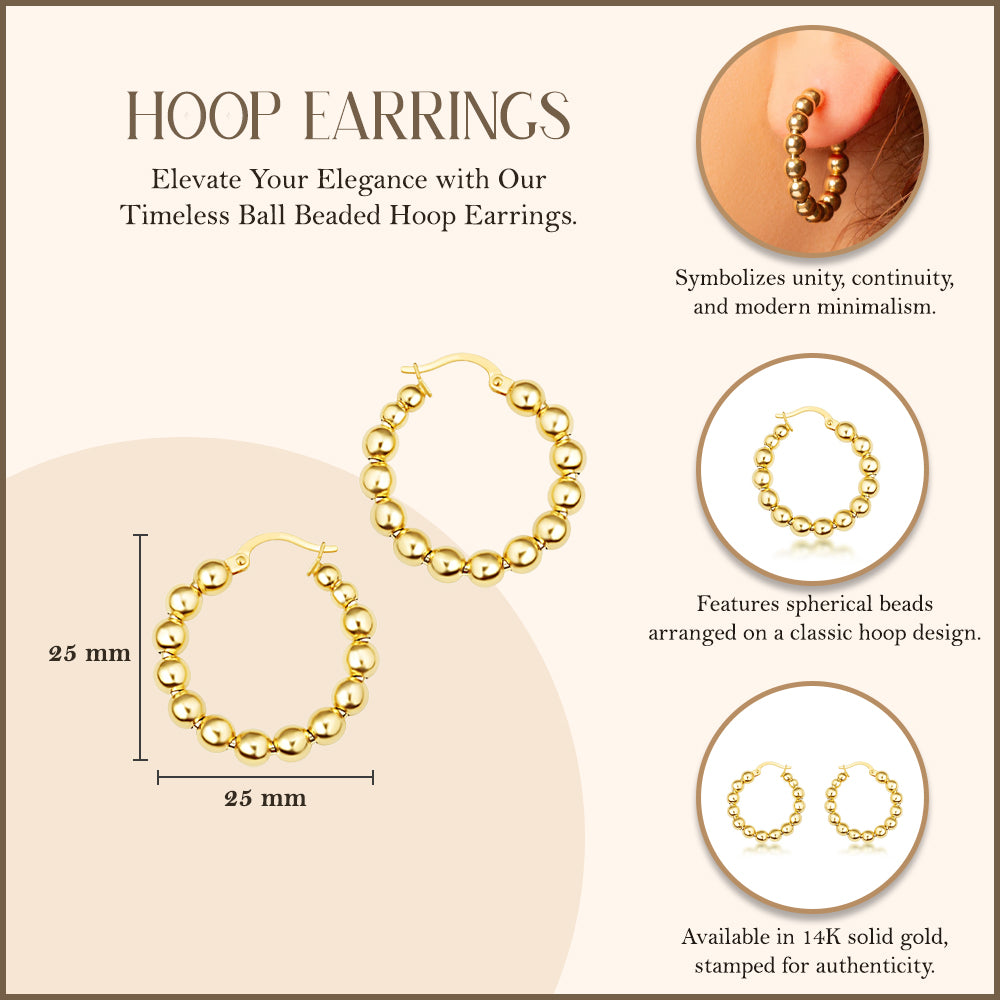 14K Yellow Gold Ball Beaded Hoop Earrings, view 3