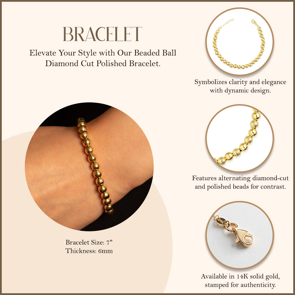 14K Yellow Gold Beaded Ball Diamond Cut Polished Bracelet, view 3