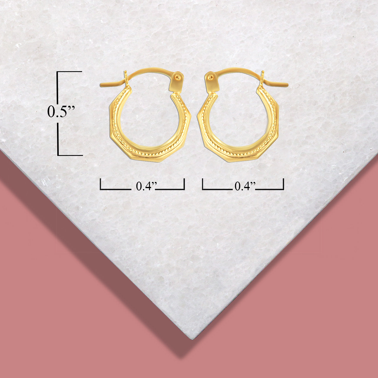 14K Yellow Gold Beaded Octagon Hoop Earrings (0.50"), view 3