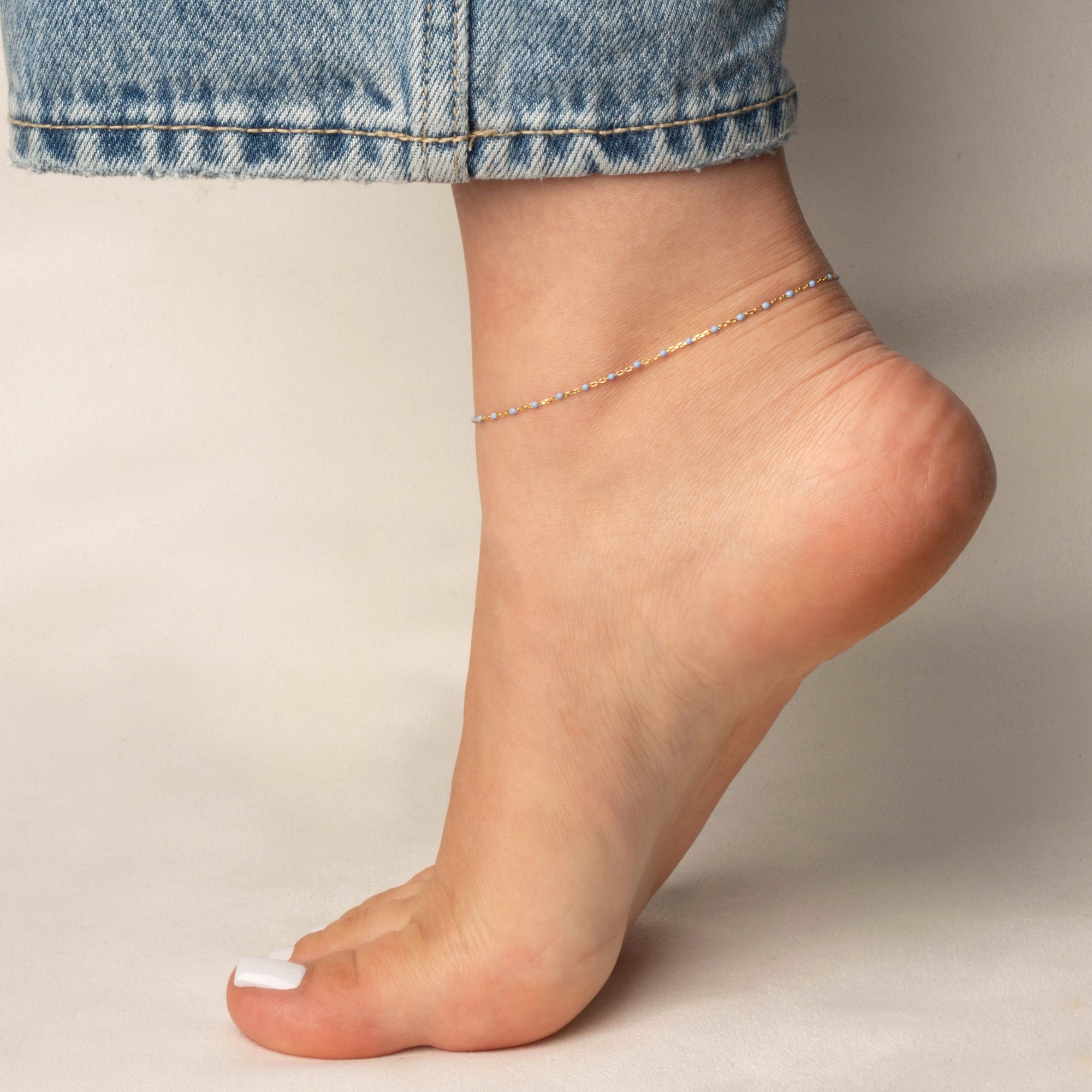 14K Yellow Gold Blue Enamel Bead Anklet, view 2