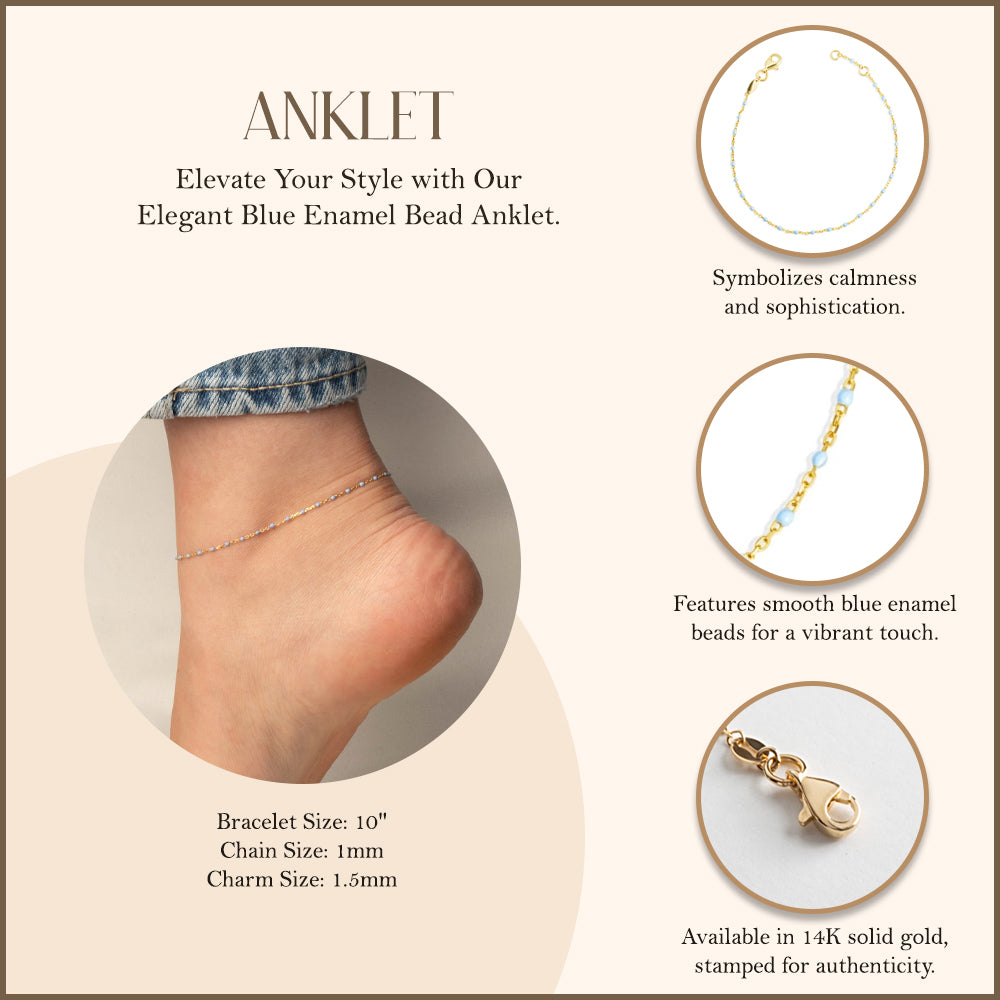 14K Yellow Gold Blue Enamel Bead Anklet, view 3