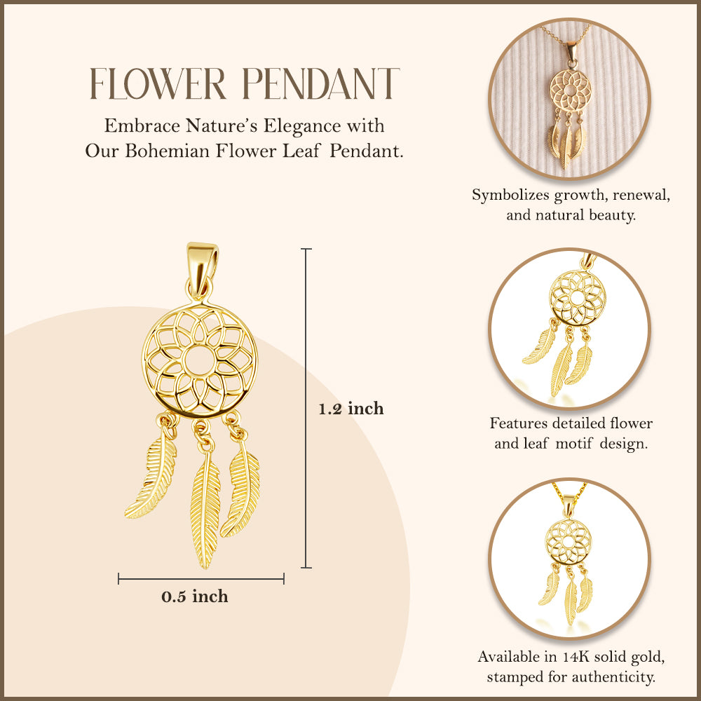 14K Yellow Gold Bohemian Flower Leaf Pendant Necklace, view 3