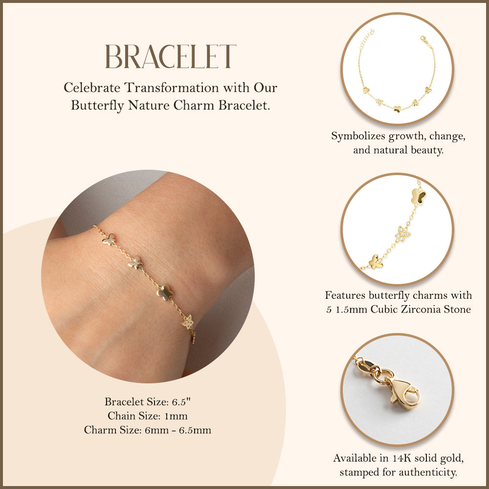 14K Yellow Gold Butterfly Nature Charm Bracelet, view 3