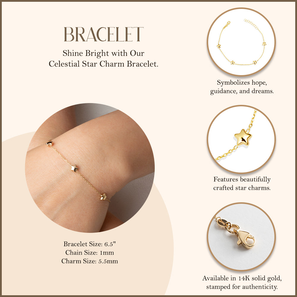 14K Yellow Gold Celestial Star Charm Bracelet, view 3