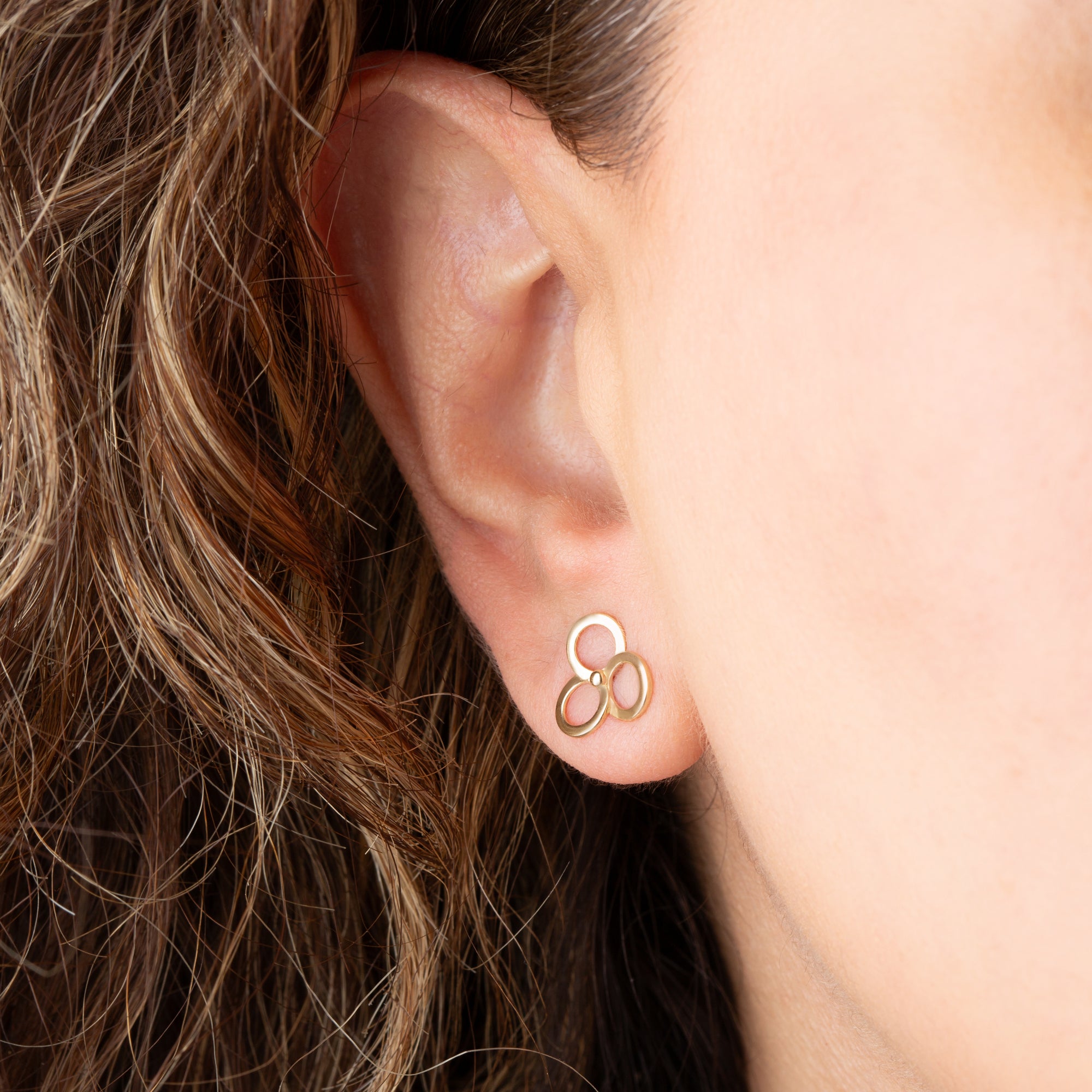 14K Yellow Gold Circle Trinity Stud Earrings, view 2